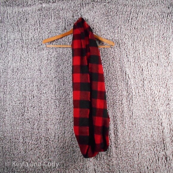 BUFFALO Plaid Infinity Scarf Wool Feel Raw Edge Red and Black - Picture 2 of 6